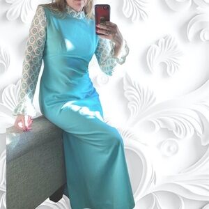 70s Gown, Light Blue Long Sleeve, Floor Length, High Neck, w/ Lace Duster Vest